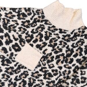 LOFT Leopard Print Mock Neck Sweater Cream Black Cozy Neutral Animal Print Large